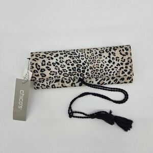 Chicos NWT Leopard Print Jewelry Roll Organizer Travel Bag Black Tassel